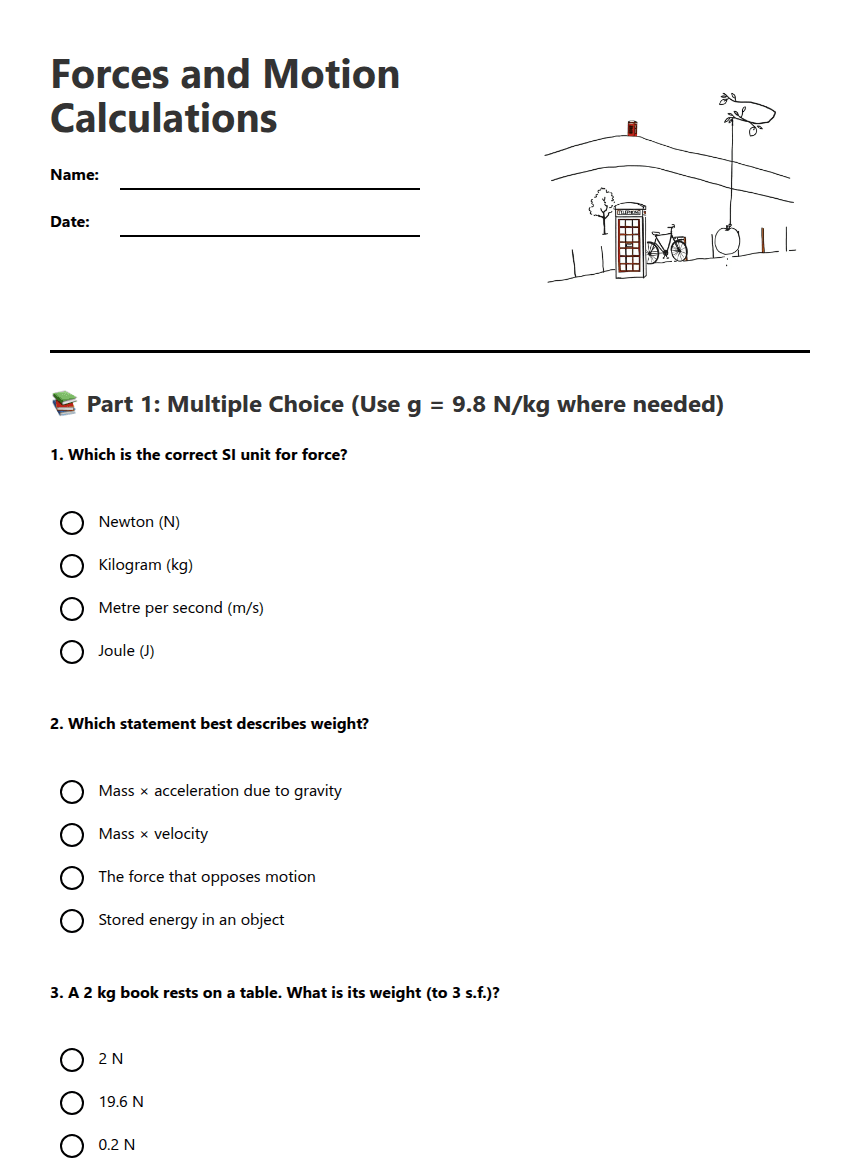 Forces and Motion Calculations worksheet preview