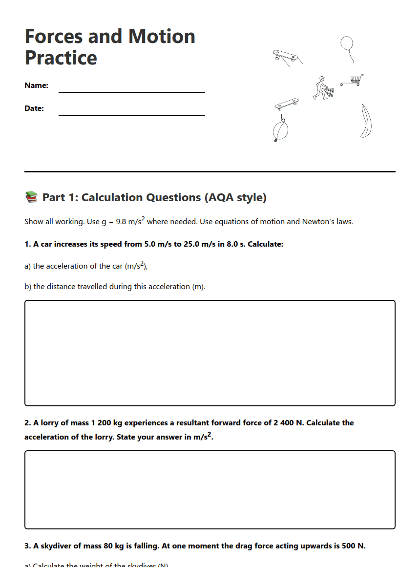 Forces and Motion Practice worksheet preview