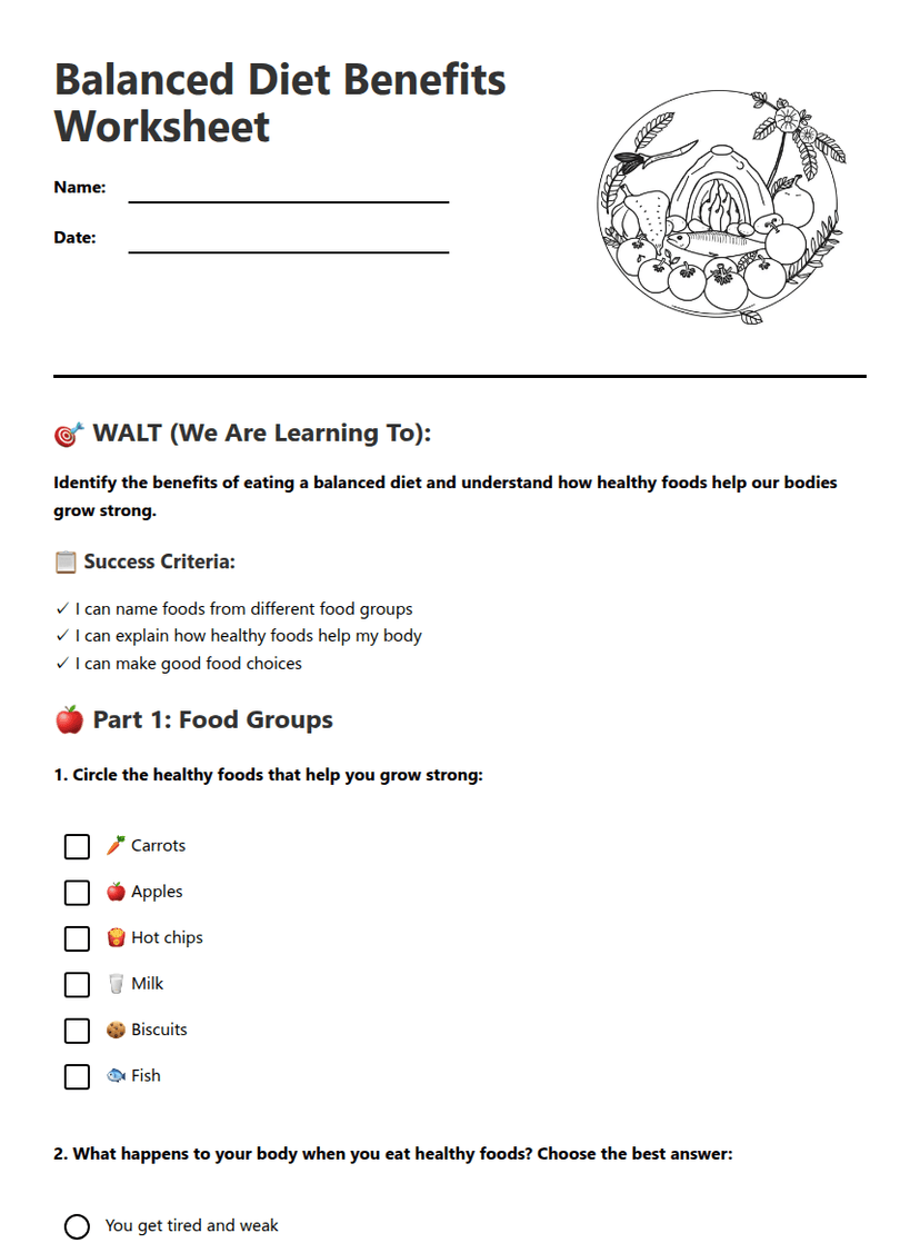 Balanced Diet Benefits Worksheet