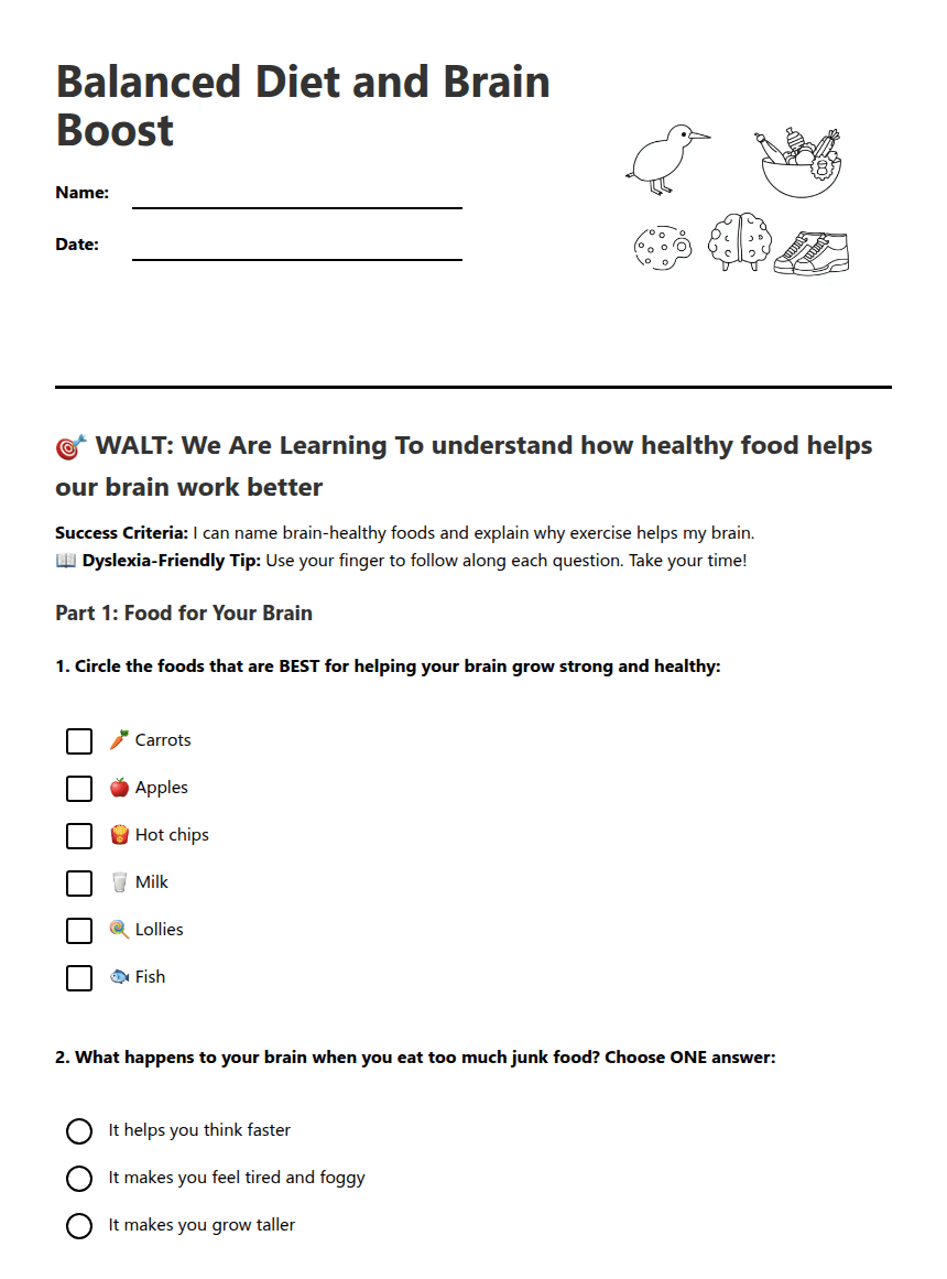 Balanced Diet and Brain Boost worksheet preview