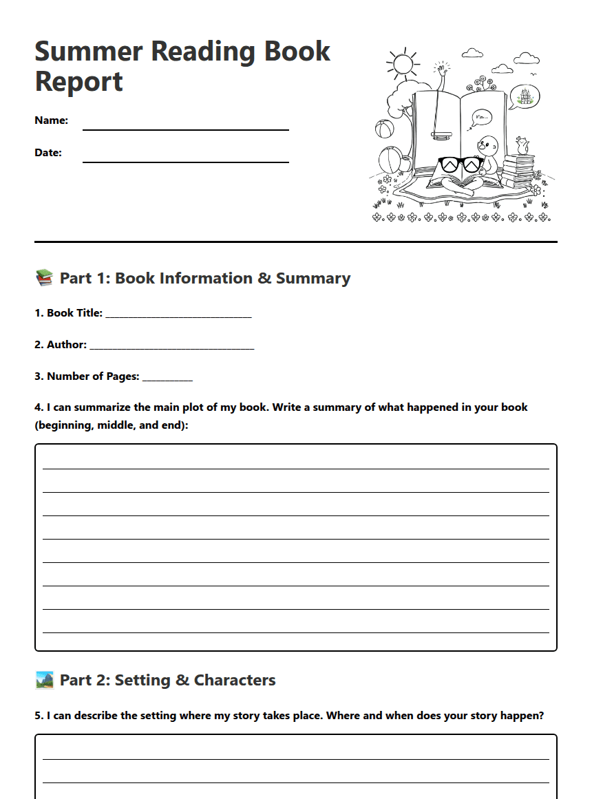 Summer Reading Book Report worksheet preview