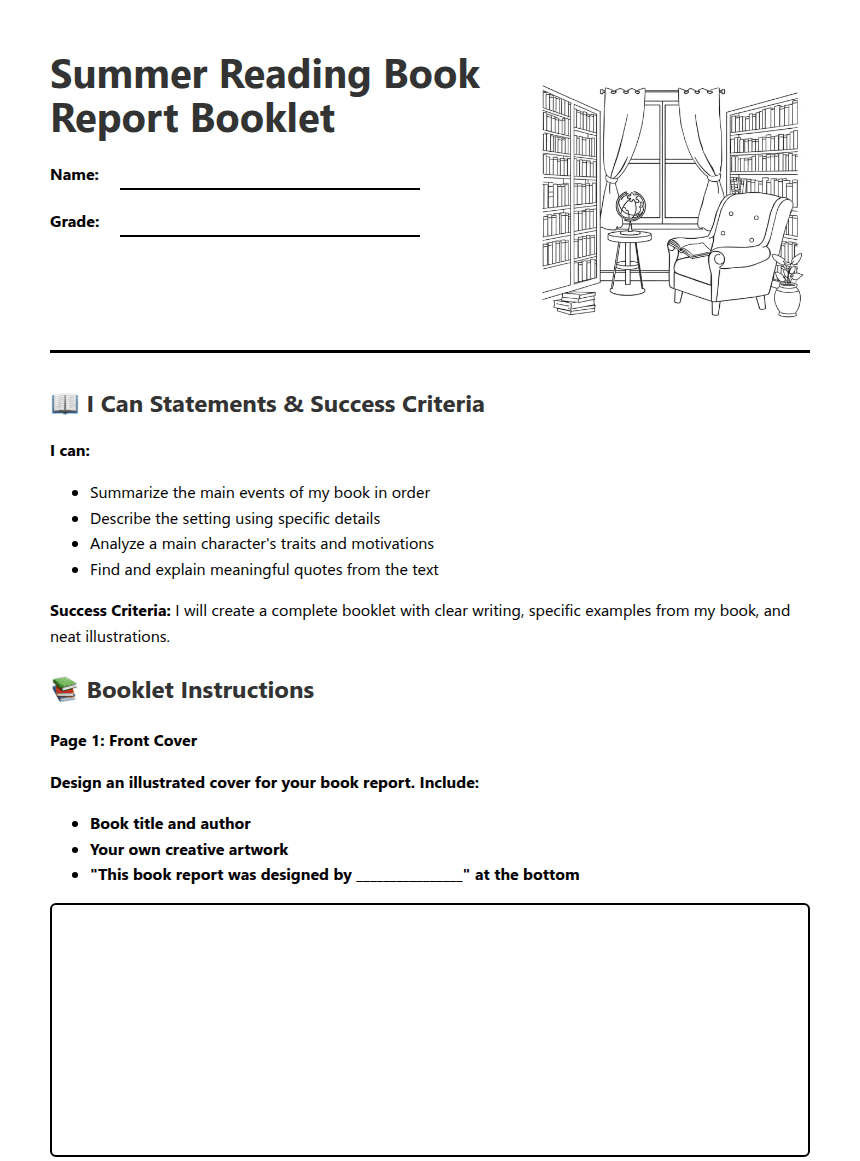Summer Reading Book Report worksheet preview