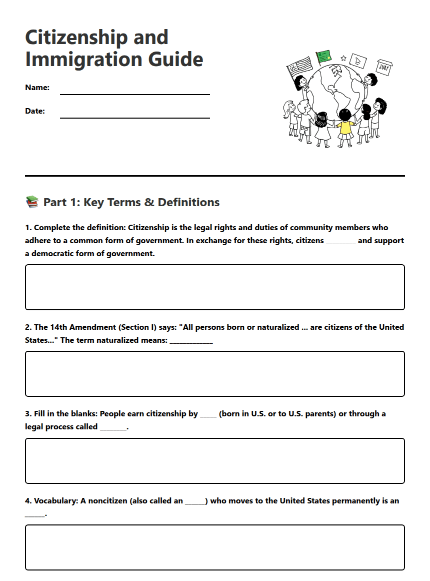 Citizenship and Immigration Guide worksheet preview