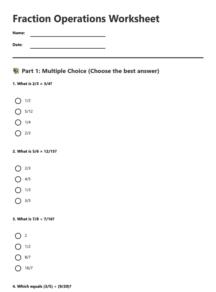 Fraction Operations Worksheet