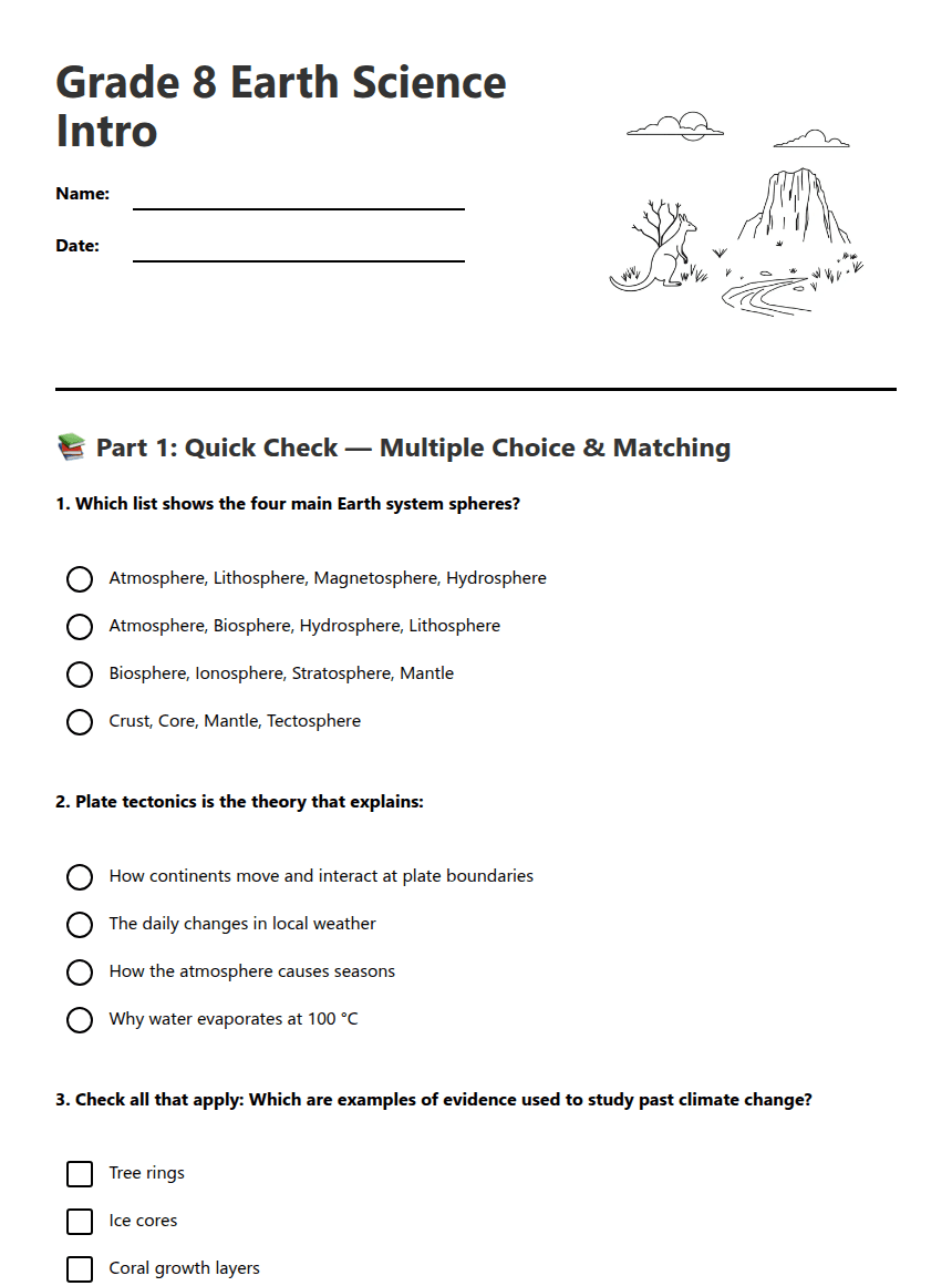 Grade 8 Earth Science Intro worksheet preview