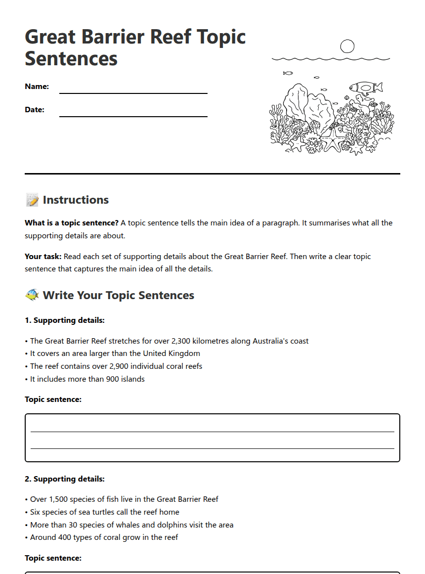 Great Barrier Reef Topic Sentences worksheet preview