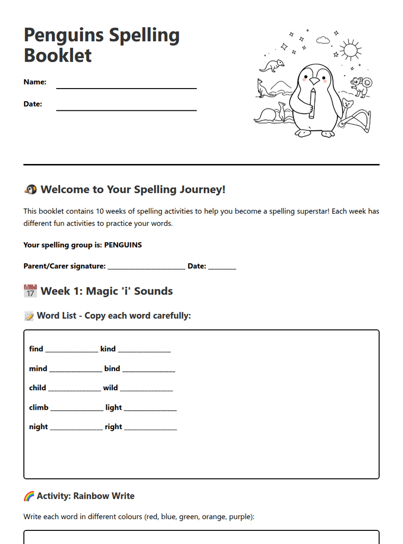Penguins Spelling Booklet