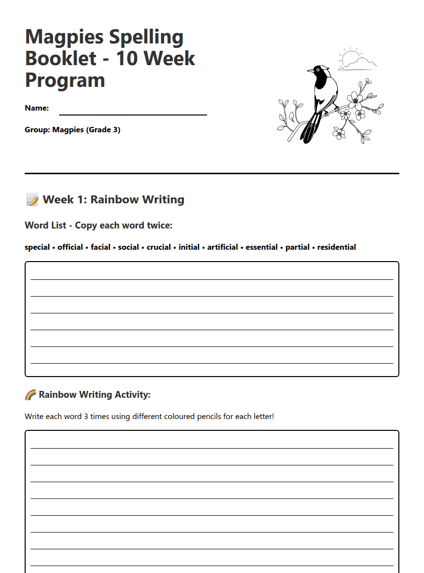 Magpies Spelling Booklet worksheet preview
