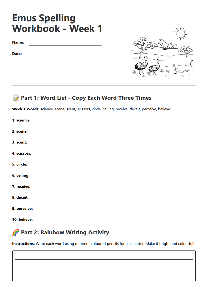 Emus Spelling Workbook worksheet preview