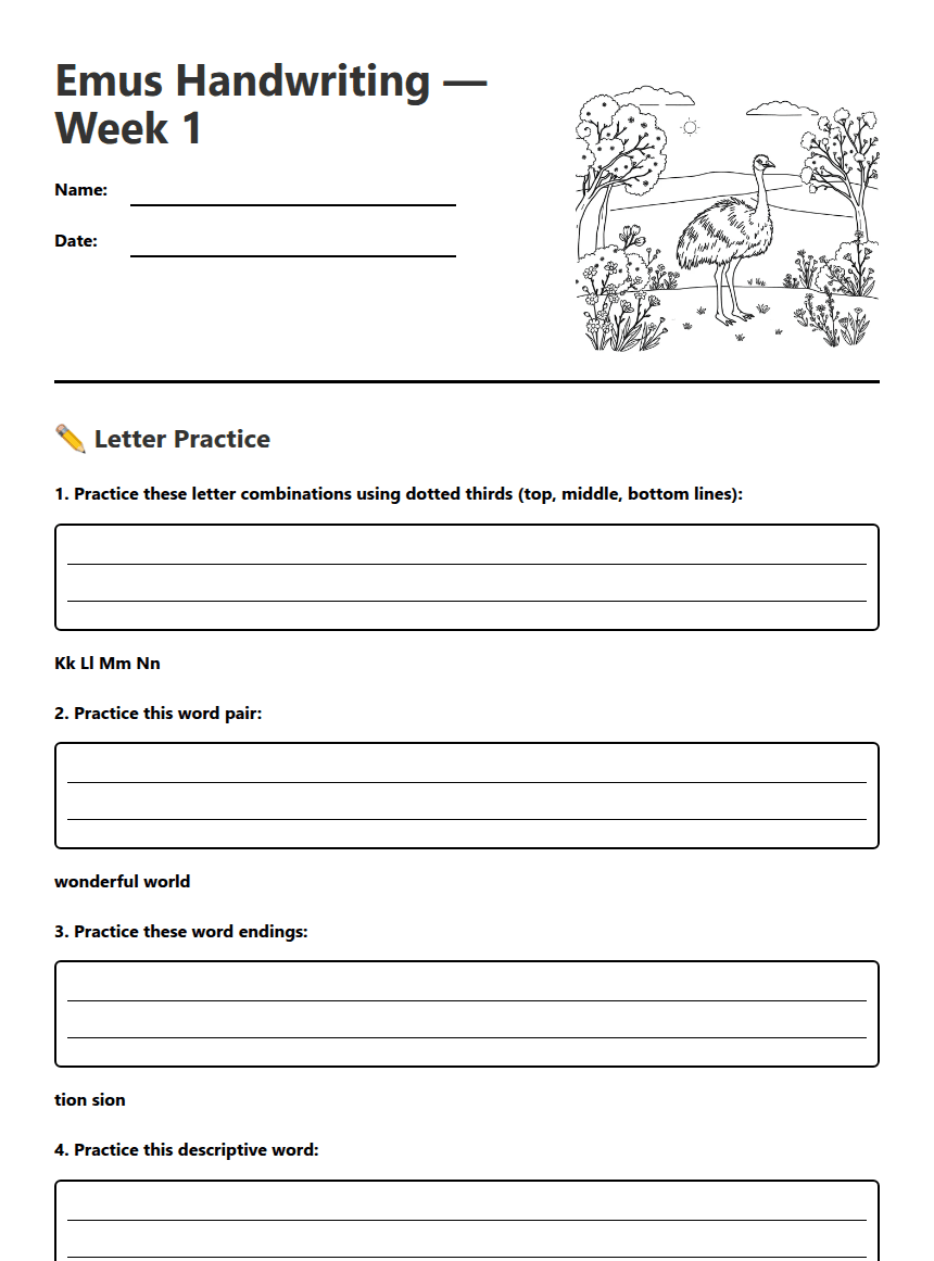 Emus Handwriting Practice Week 1 worksheet preview
