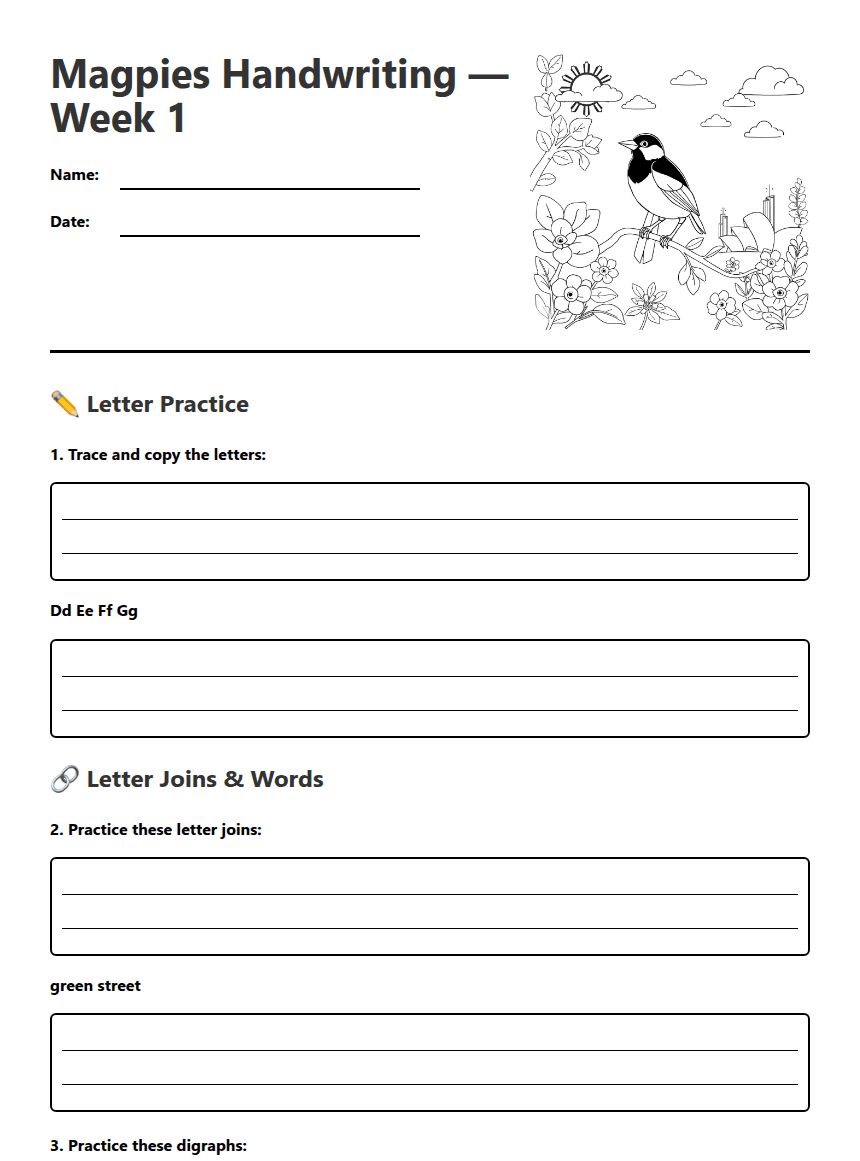 Magpies Handwriting Practice worksheet preview