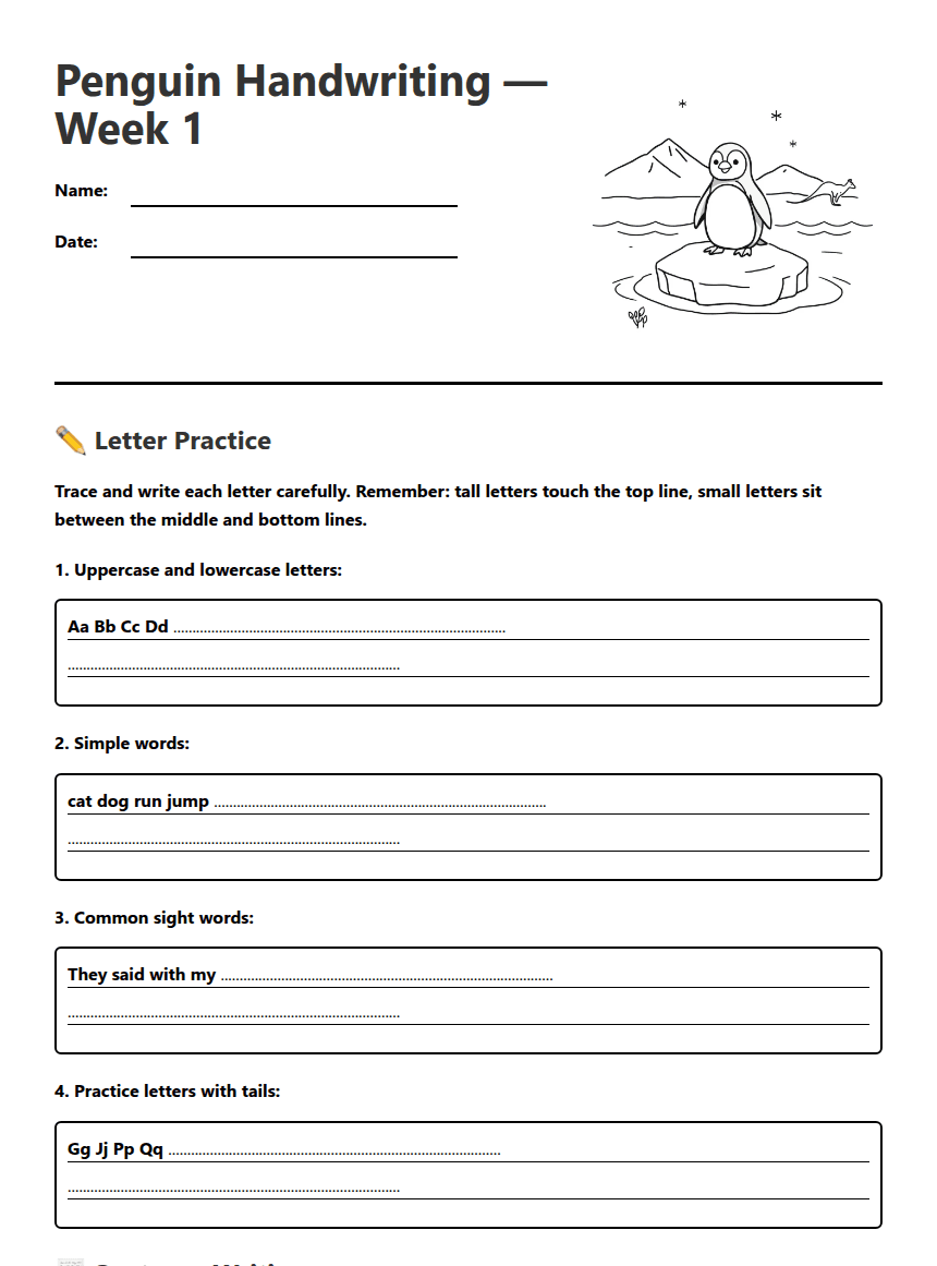 Penguin Handwriting Practice Week 1 worksheet preview