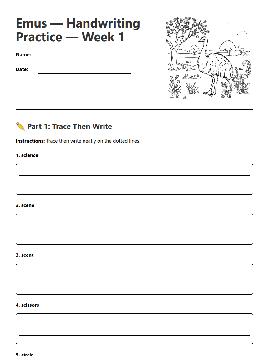 Emus Handwriting Practice Week 1 worksheet preview