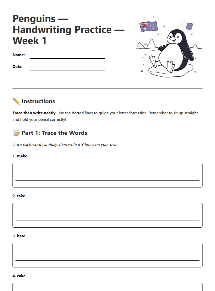 Penguins Handwriting Practice Week 1 worksheet preview