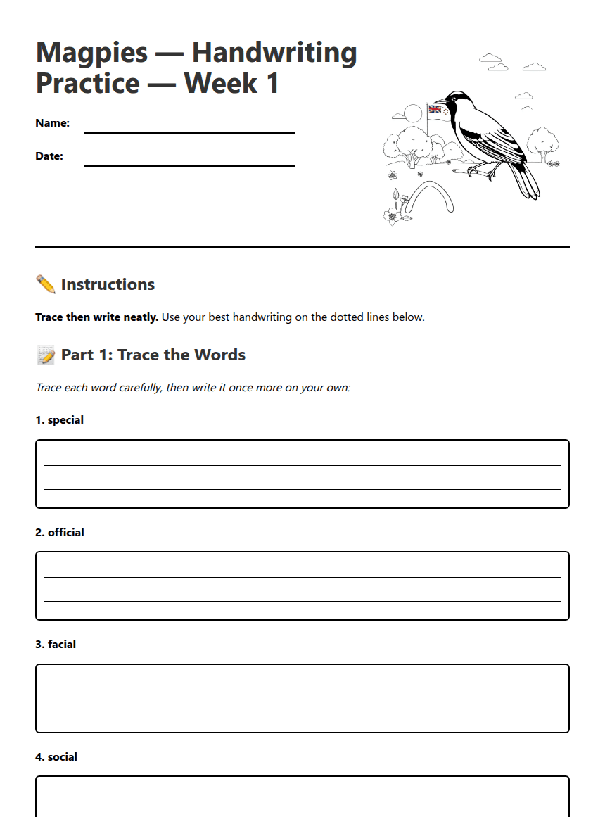 Magpies Handwriting Week 1 worksheet preview