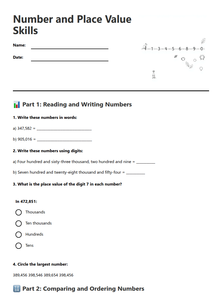 Number and Place Value Skills worksheet preview
