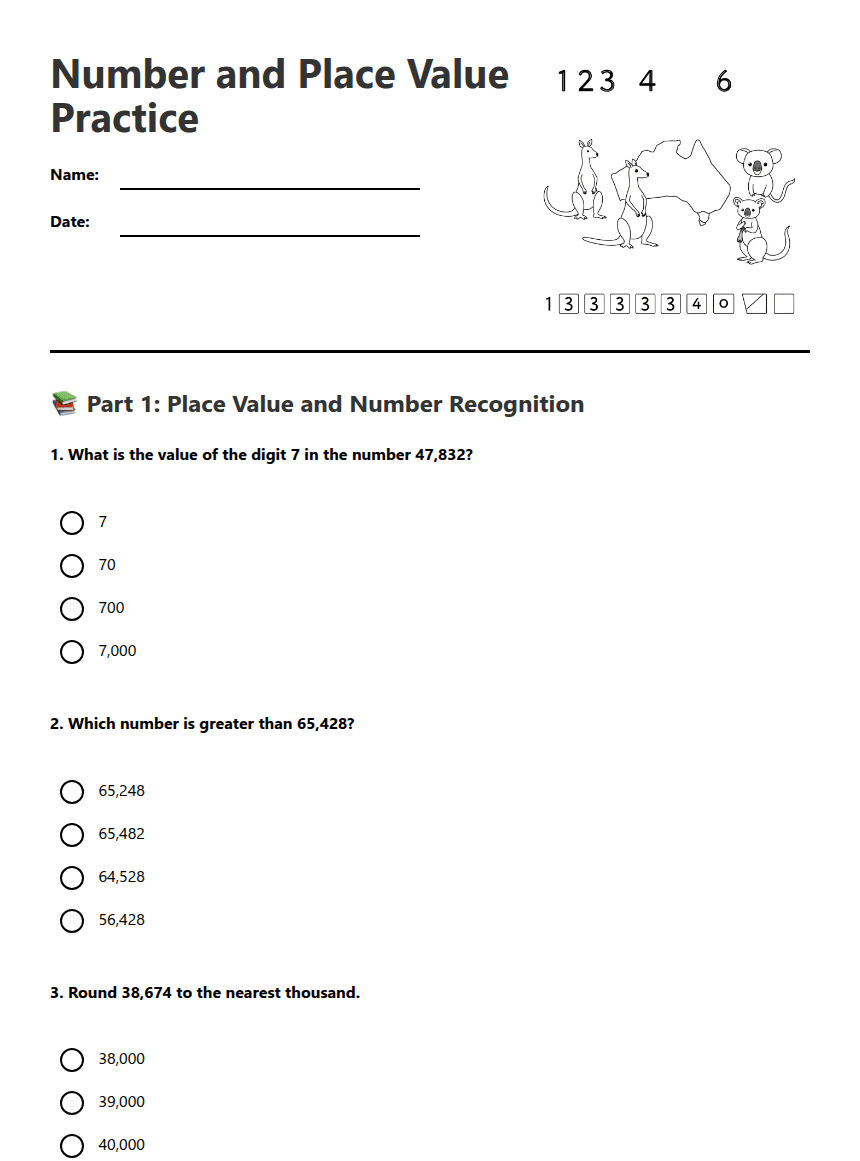 Number and Place Value Practice worksheet preview