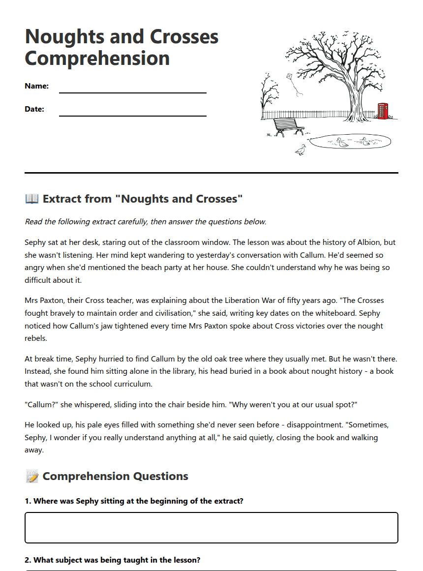 Noughts and Crosses Comprehension worksheet preview