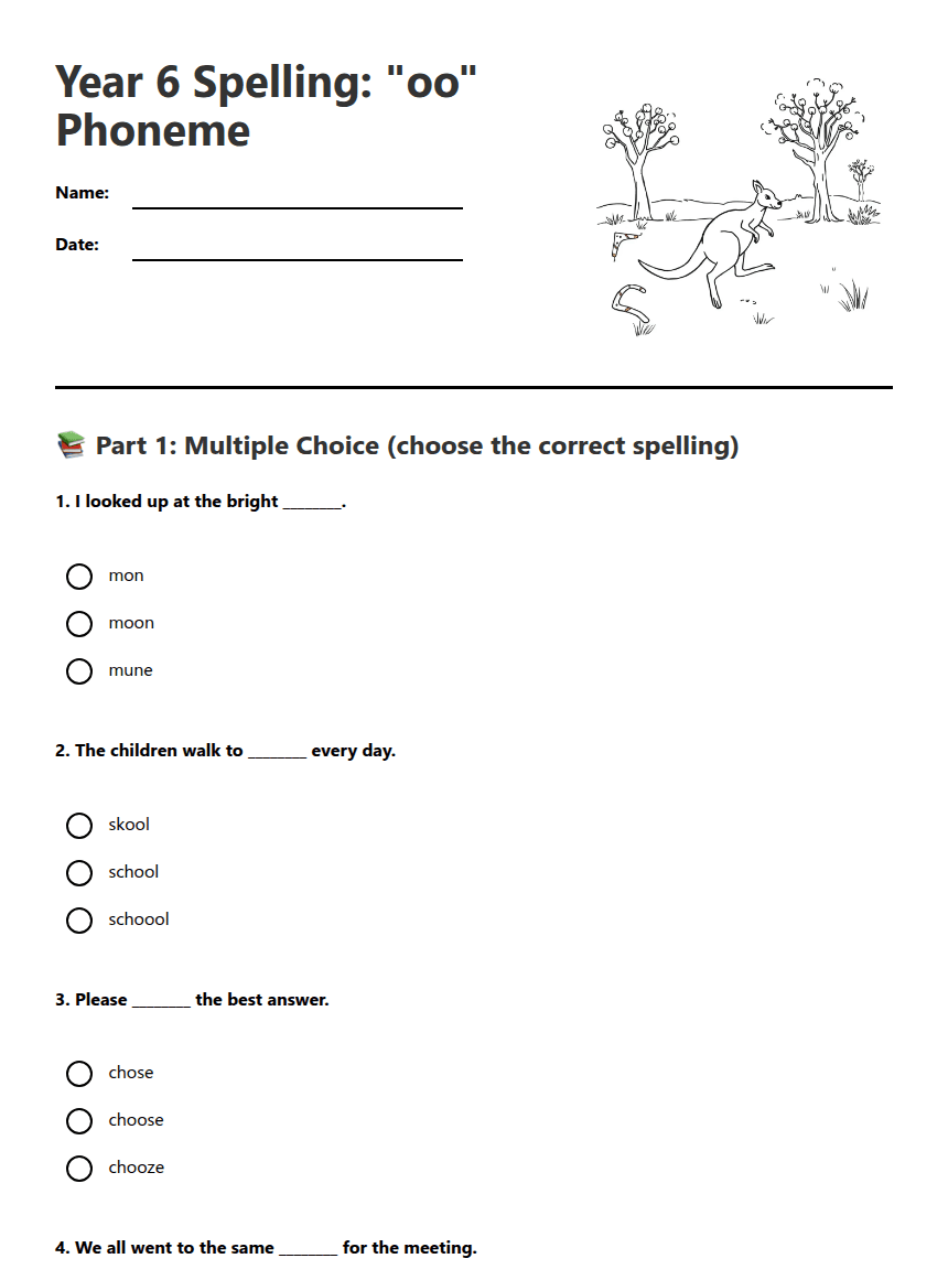 Year 6 Spelling: "oo" Phoneme worksheet preview