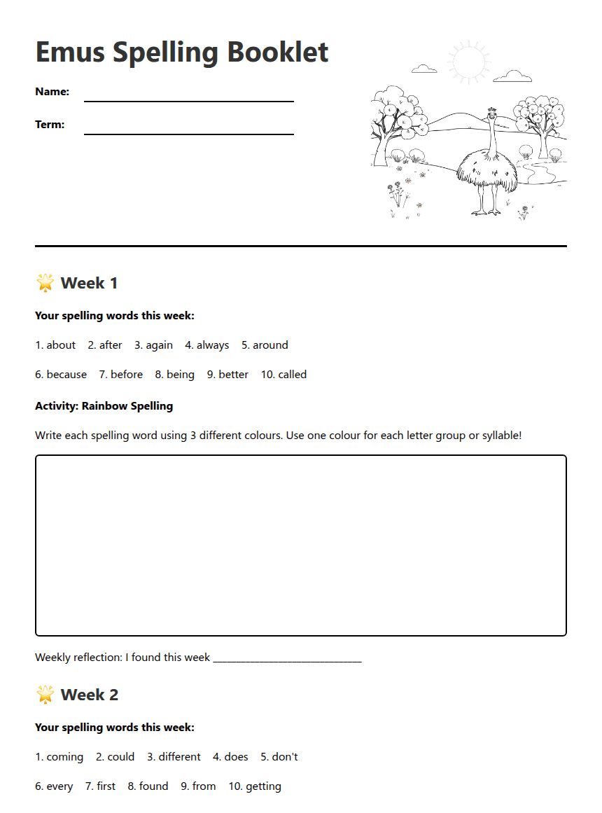 Emus Spelling Booklet worksheet preview