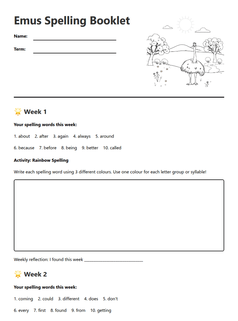 Emus Spelling Booklet