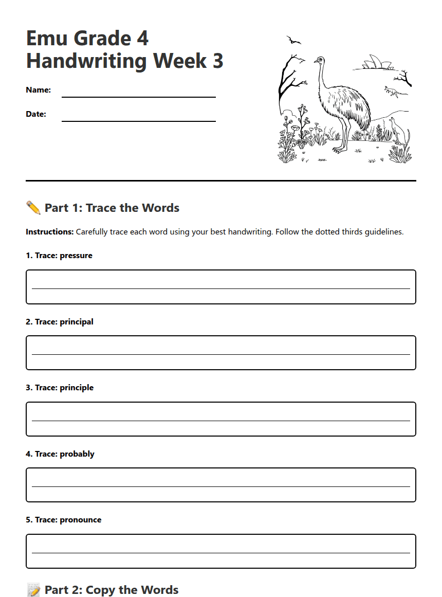 Emu Grade 4 Handwriting Week 3 worksheet preview
