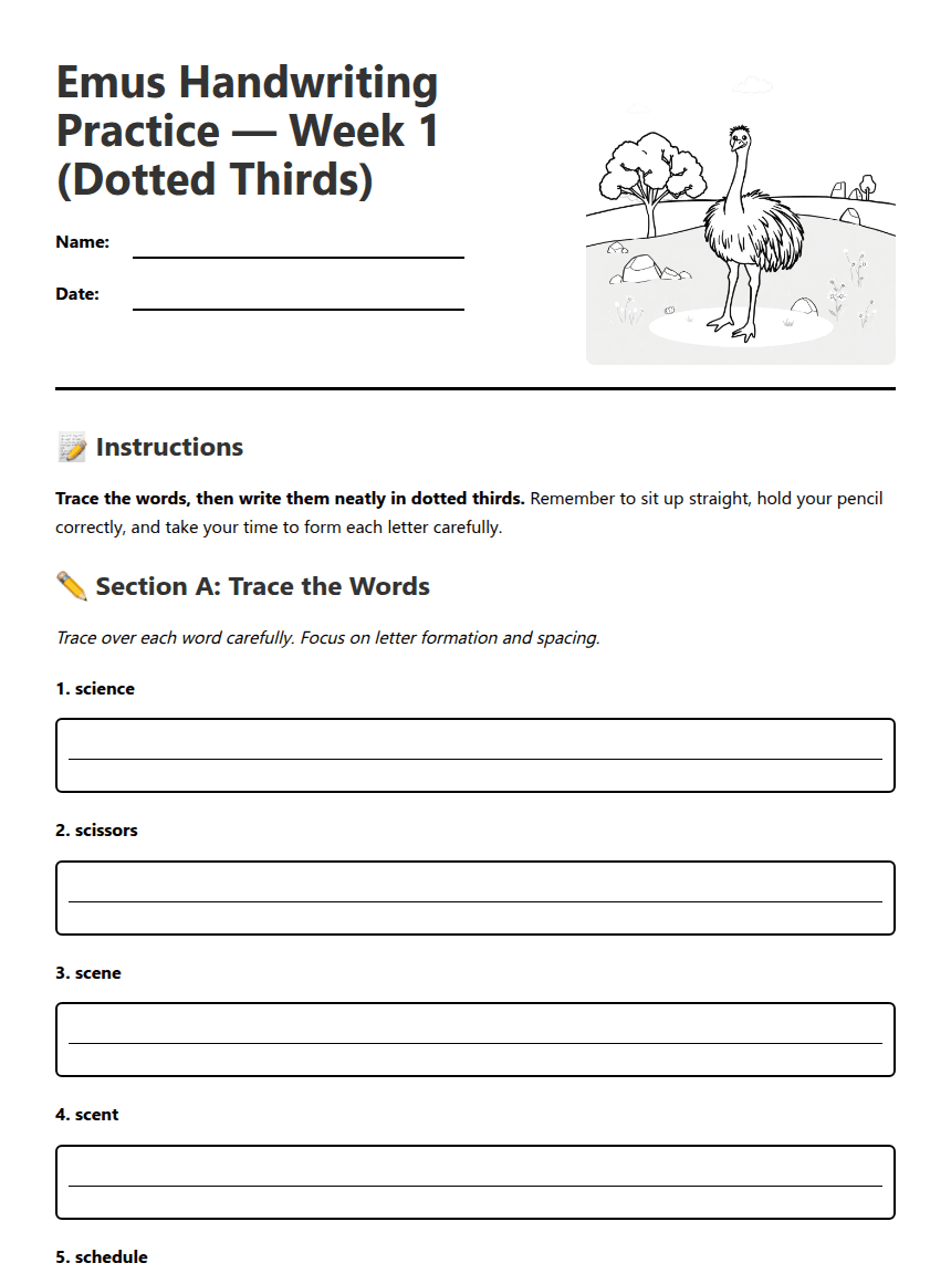 Emus Handwriting Practice Week 1 worksheet preview