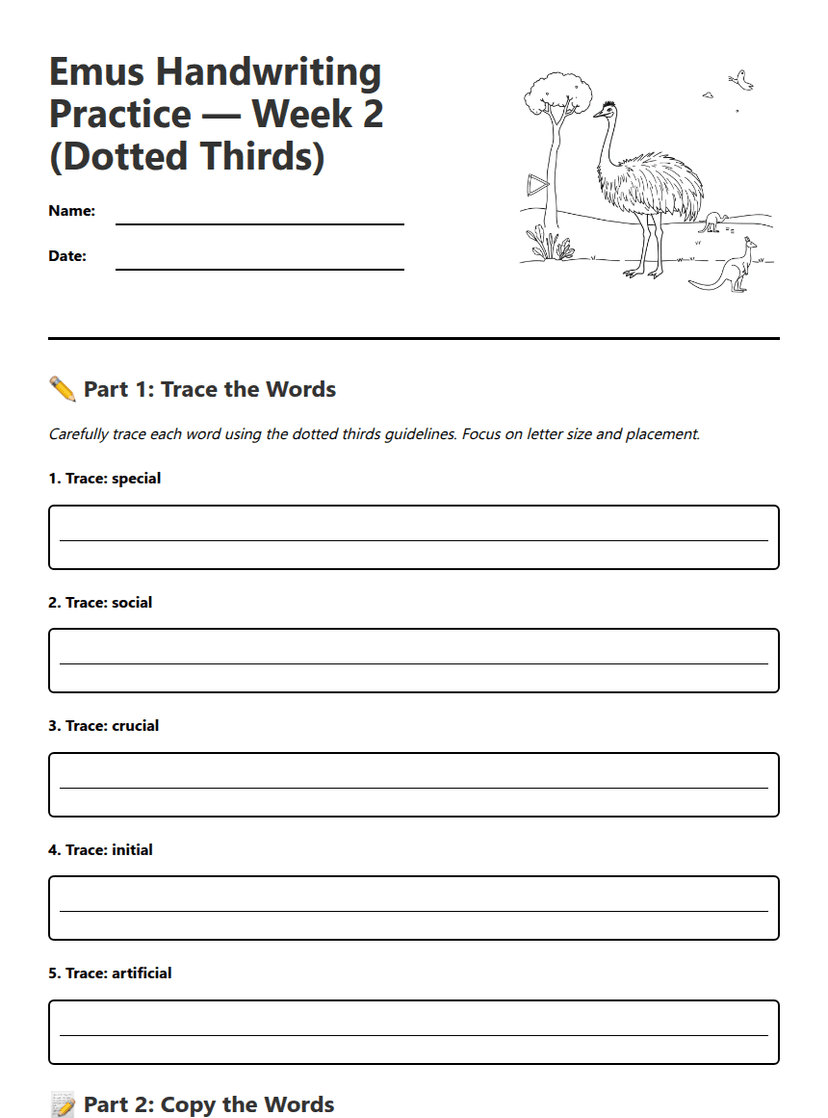 Emus Handwriting Practice Week 2