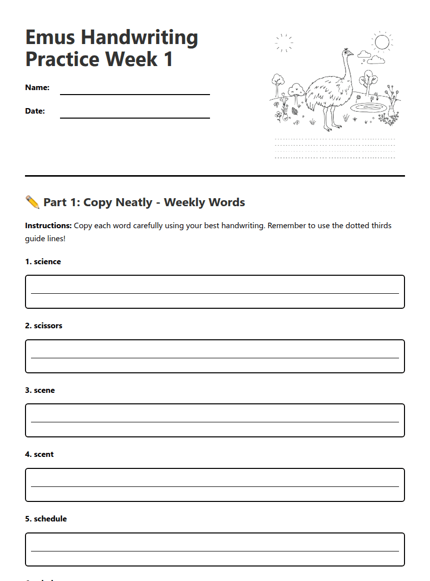 Emus Handwriting Practice Week 1 worksheet preview