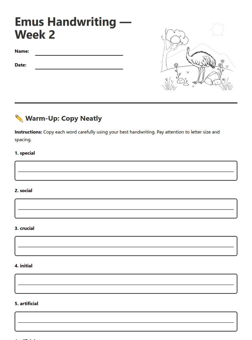 Emus Handwriting Practice Week 2