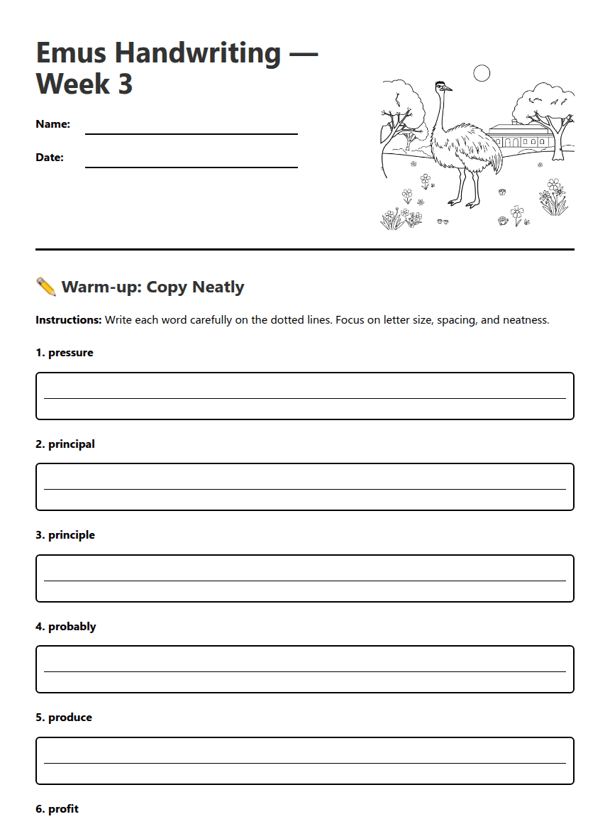 Emus Handwriting Practice Week 3 worksheet preview