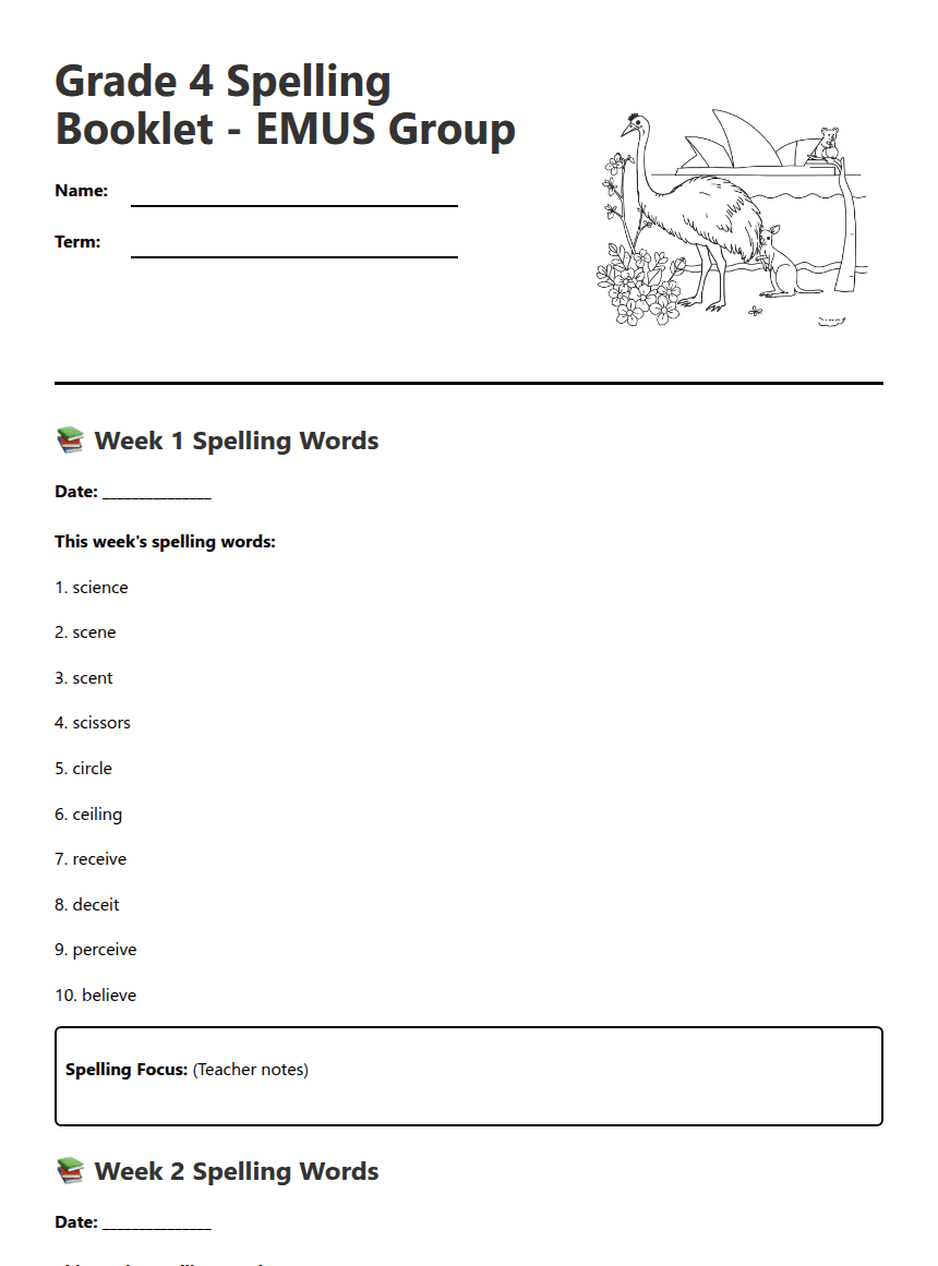 Grade 4 Spelling Booklet worksheet preview