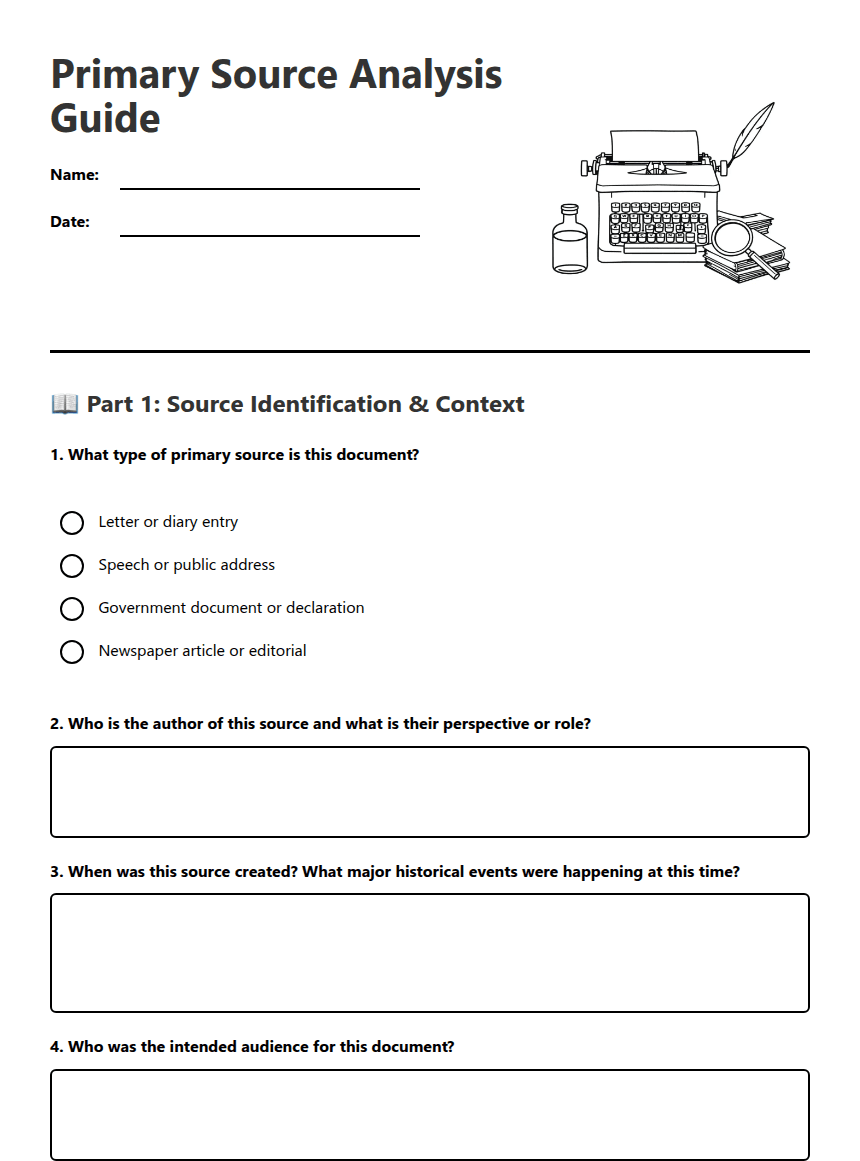 Primary Source Analysis Guide worksheet preview