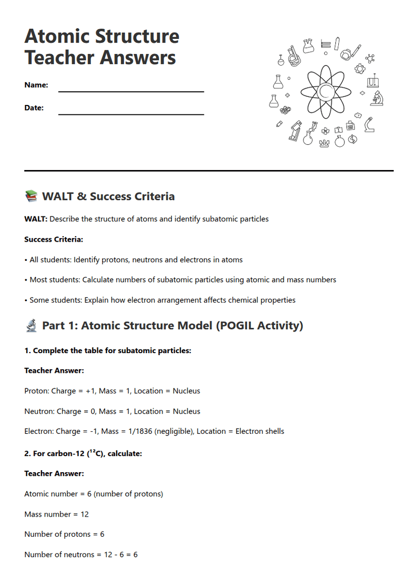 Atomic Structure Teacher Answers