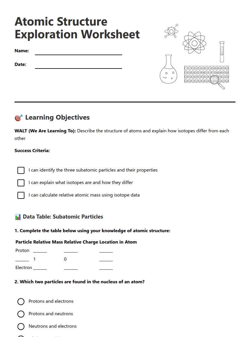 Atomic Structure Exploration Worksheet worksheet preview