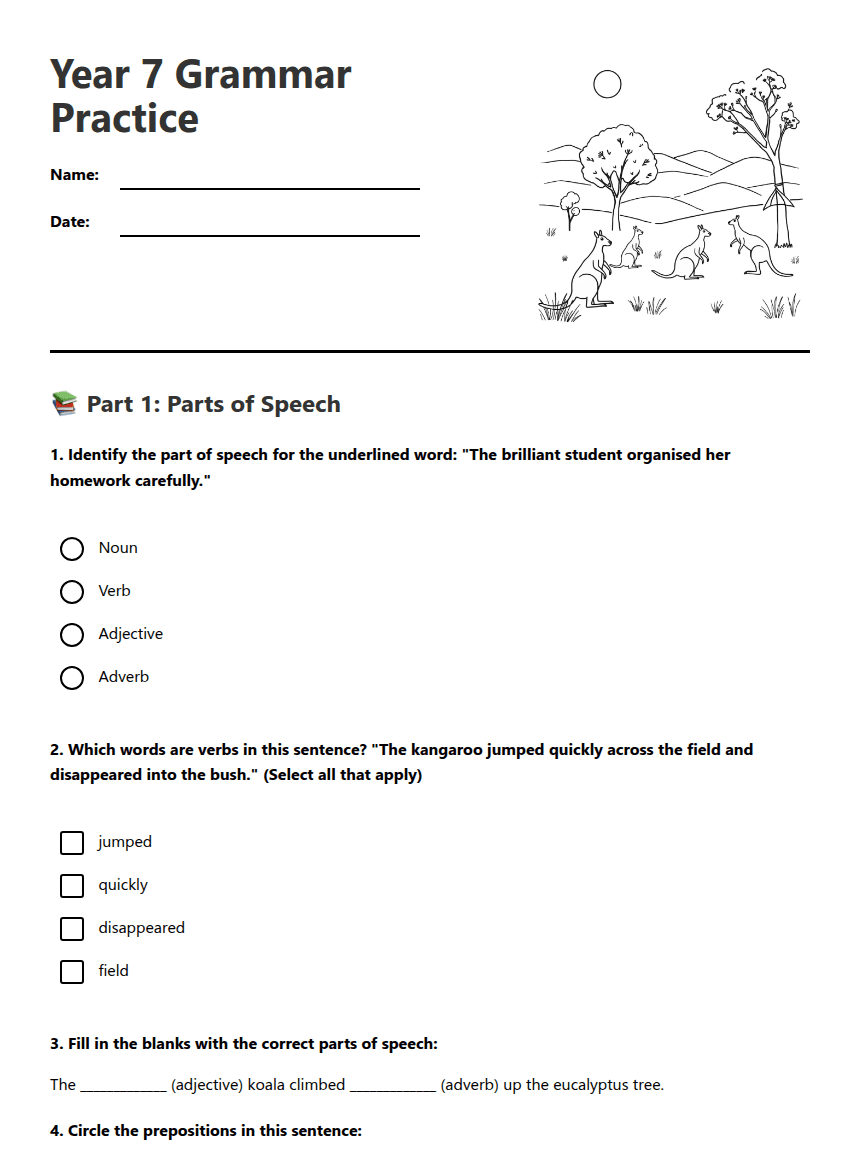Year 7 Grammar Practice worksheet preview
