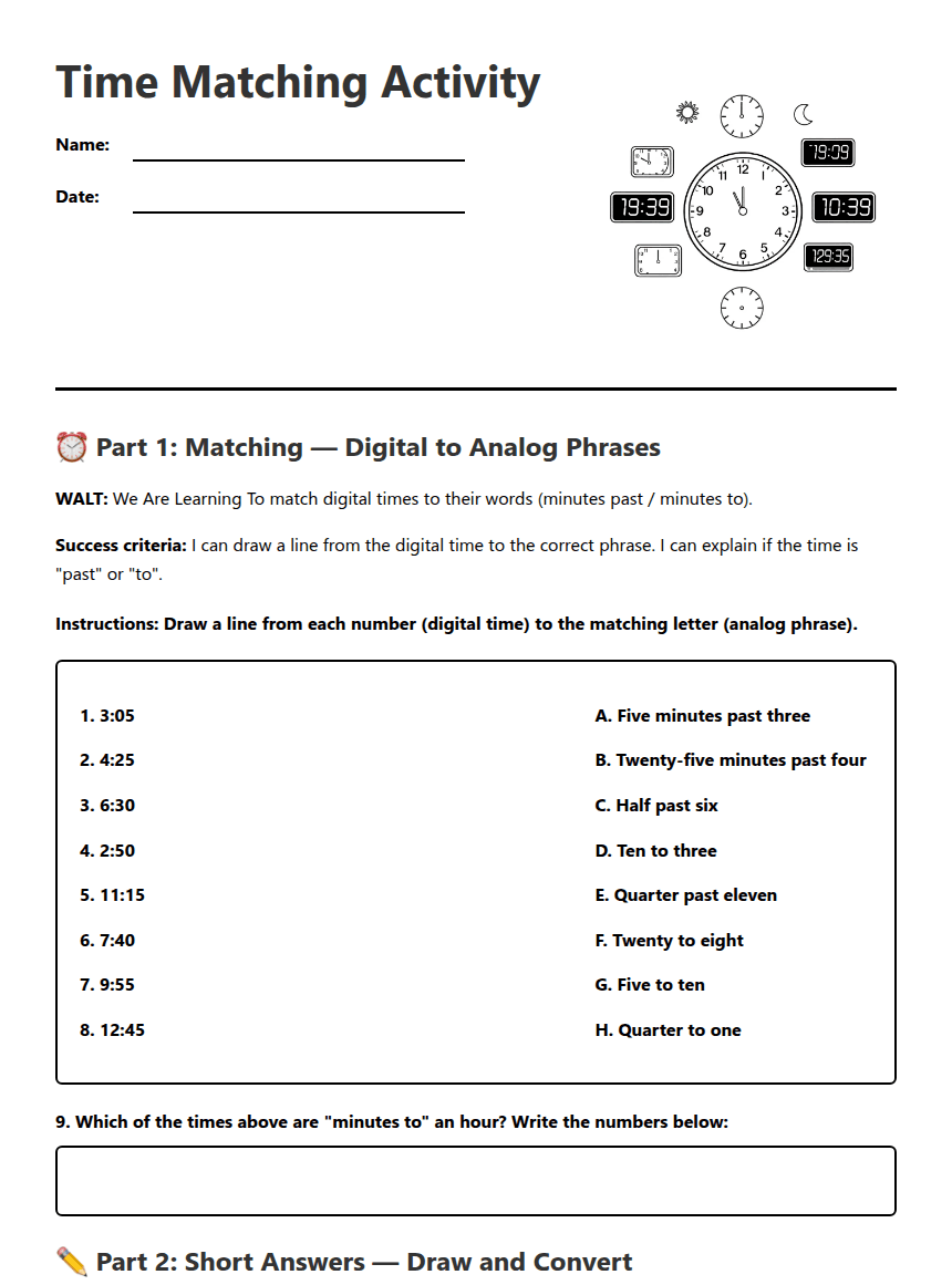 Time Matching Activity worksheet preview