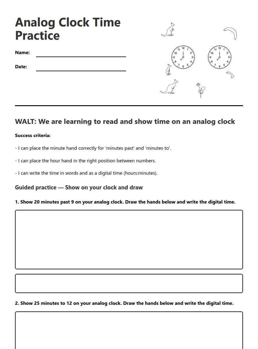 Analog Clock Time Practice worksheet preview