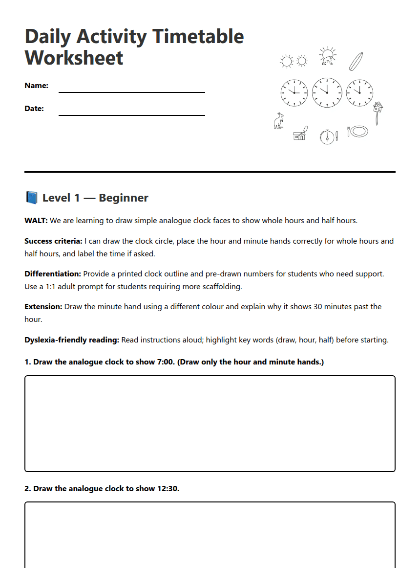 Daily Activity Timetable Worksheet worksheet preview
