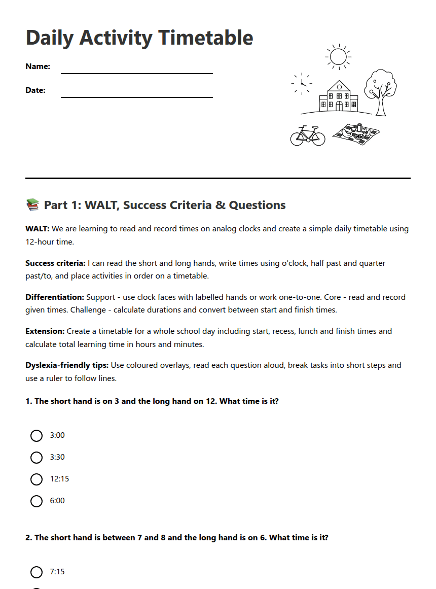 Daily Activity Timetable worksheet preview