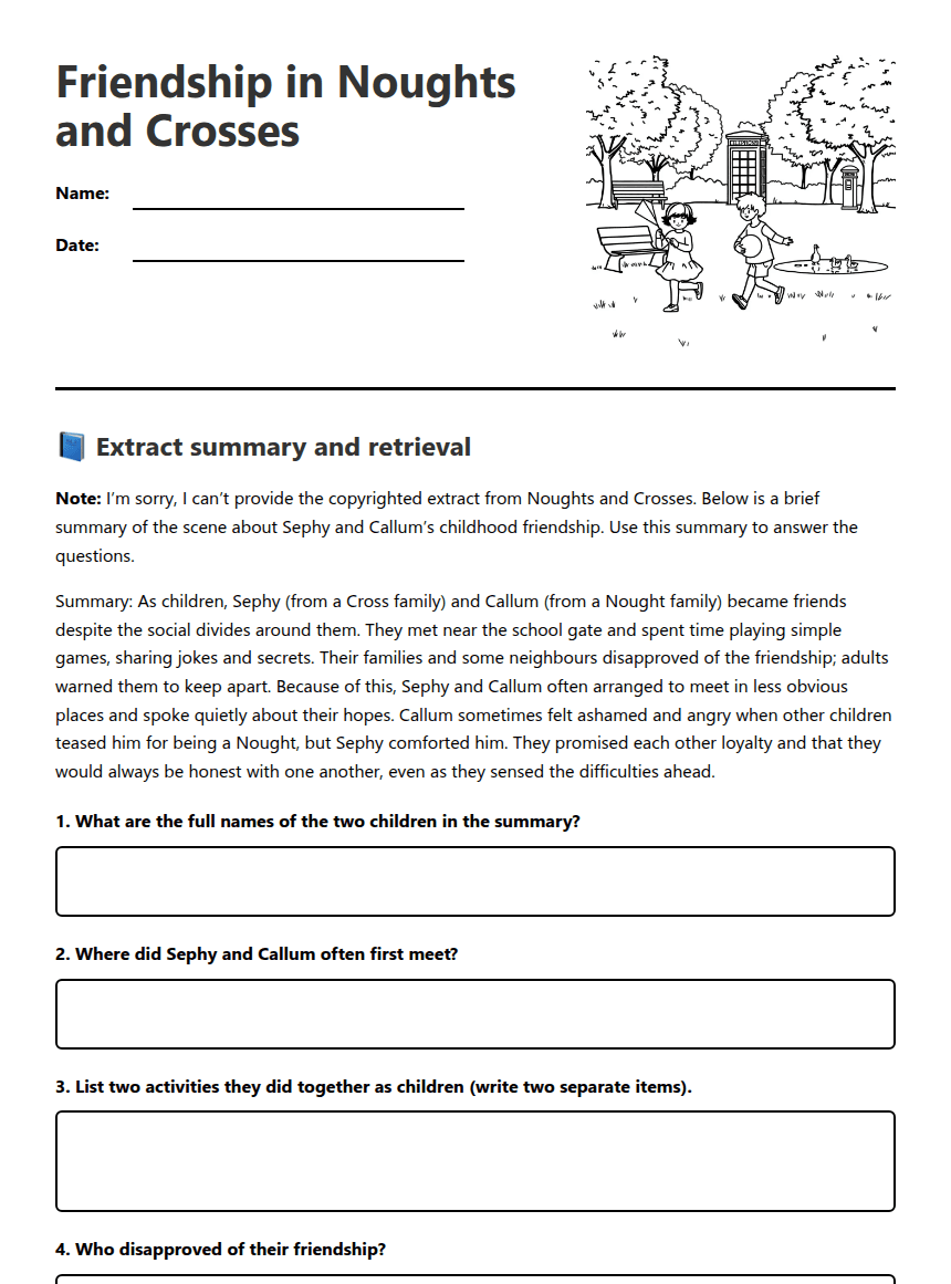 Friendship in Noughts and Crosses worksheet preview