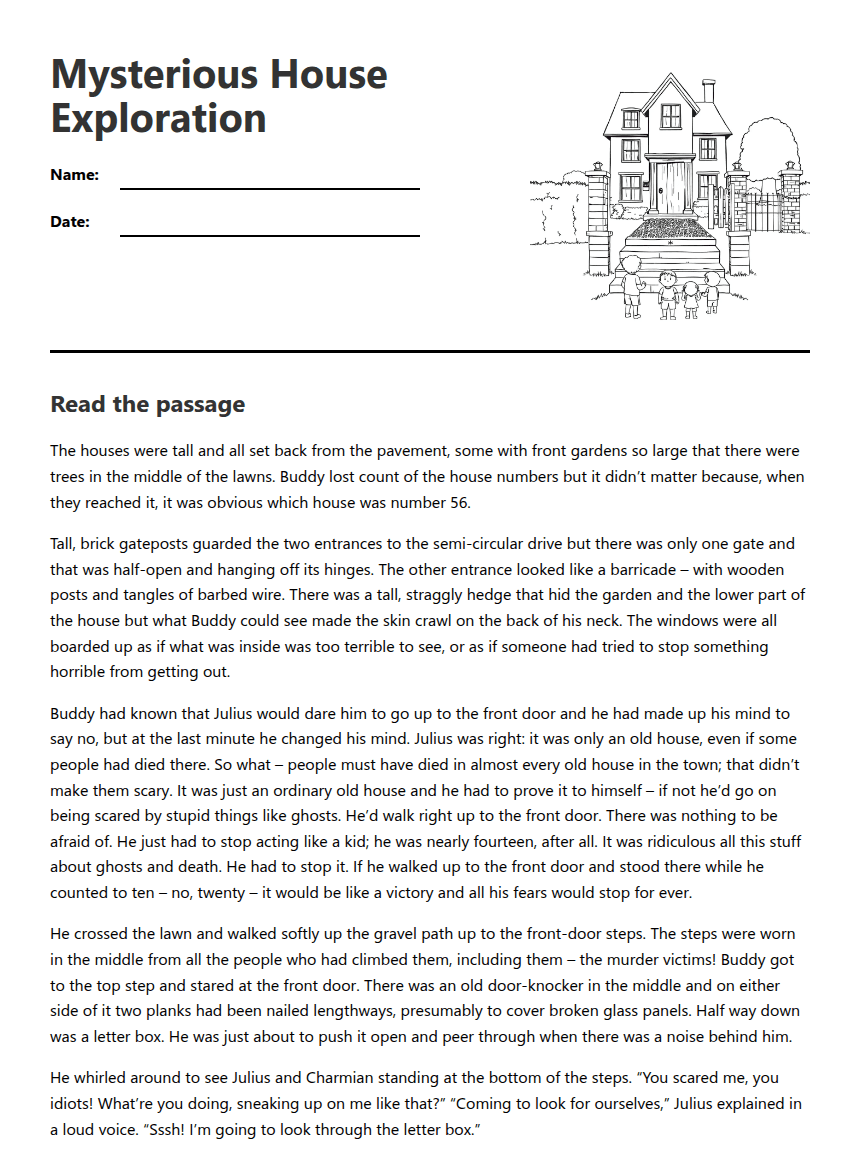 Mysterious House Exploration worksheet preview