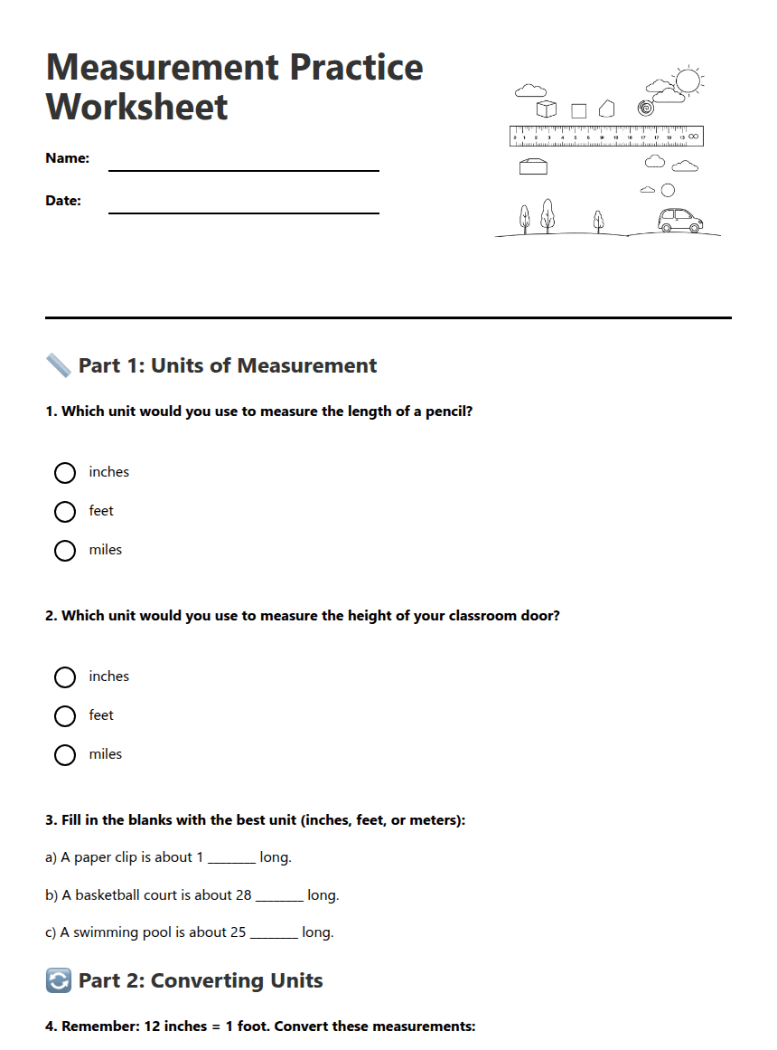 Measurement Practice Worksheet worksheet preview