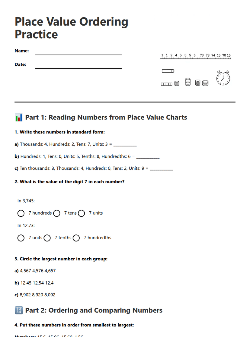 Place Value Ordering Practice