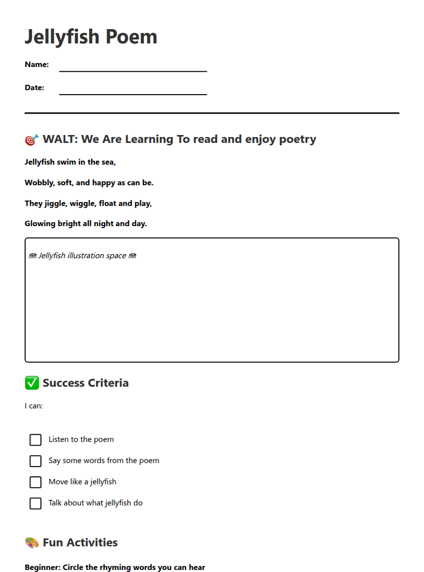 Jellyfish Poem Worksheet