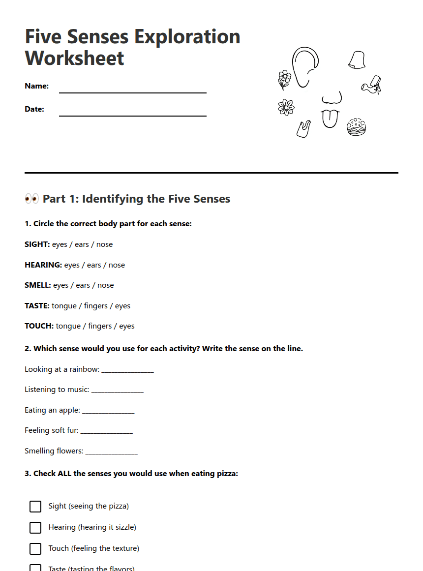 Five Senses Exploration Worksheet worksheet preview