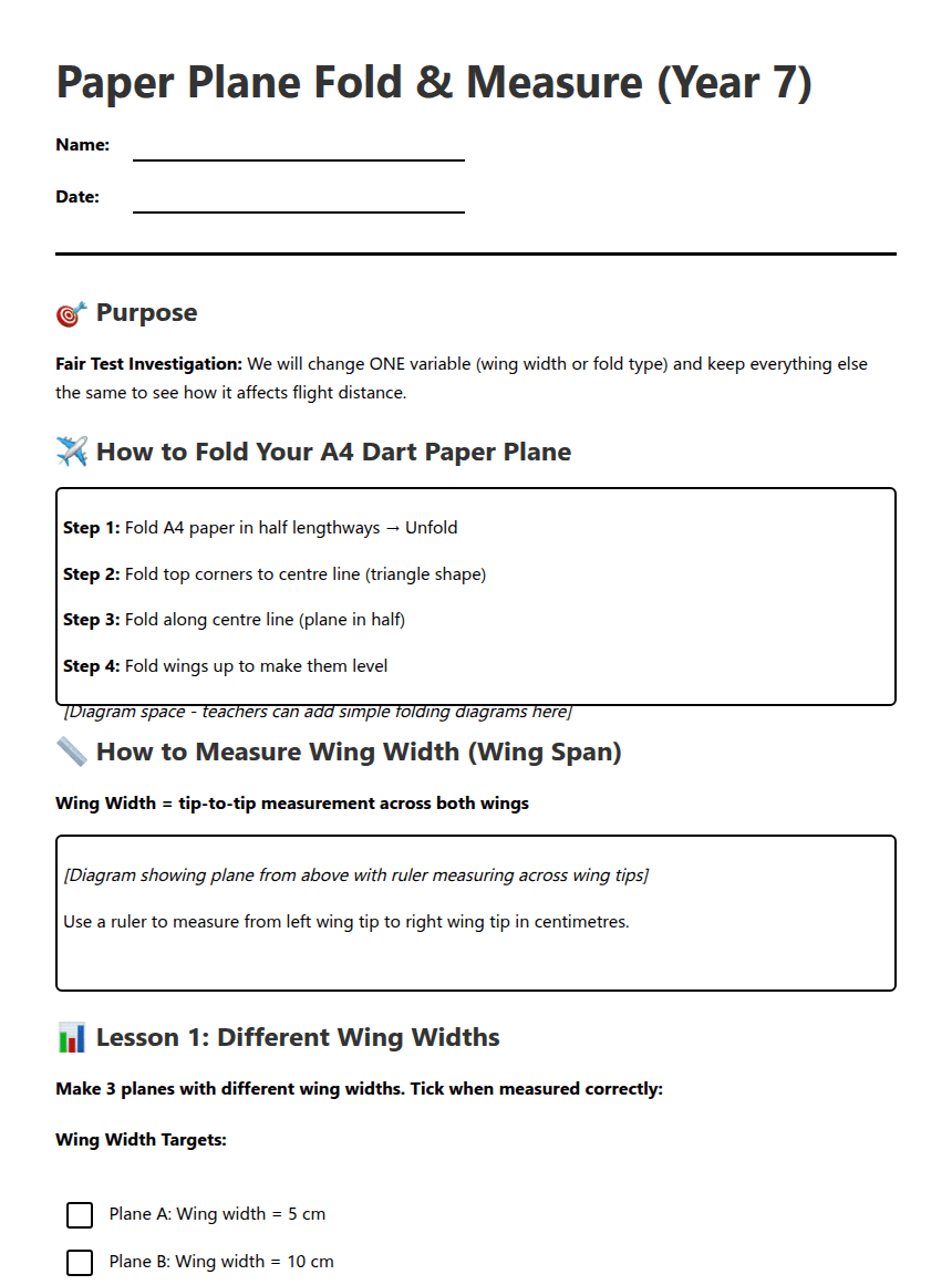Paper Plane Experiment Worksheet worksheet preview