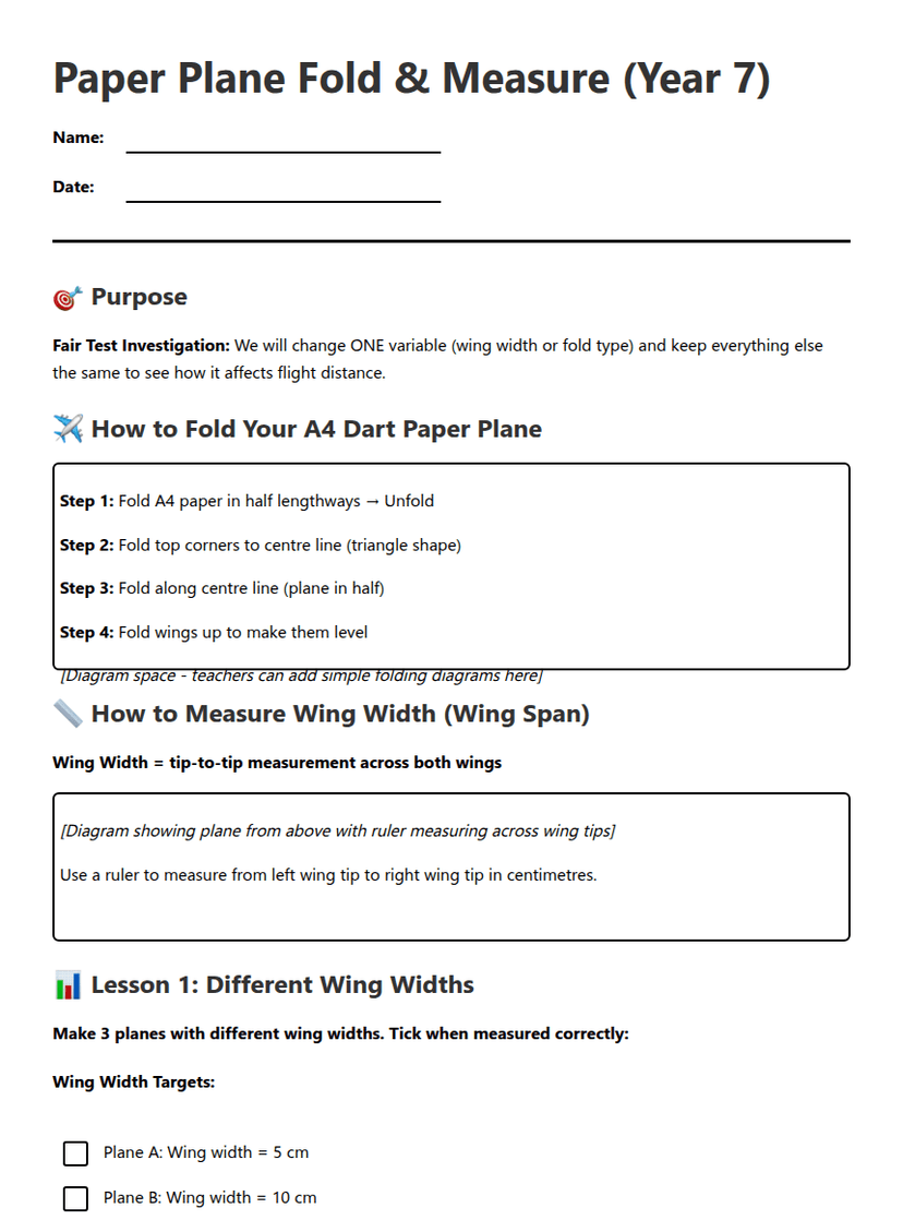 Paper Plane Experiment Worksheet