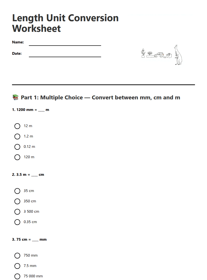 Length Unit Conversion Worksheet worksheet preview