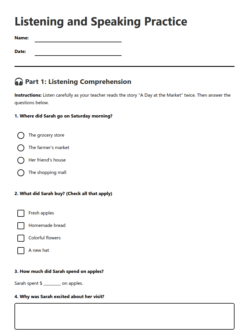 Listening and Speaking Practice worksheet preview